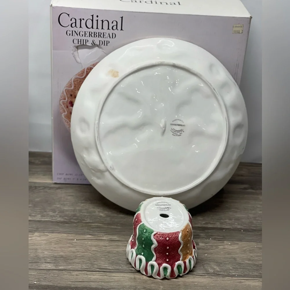 🎄Cardinal Gingerbread Chip & Dip Set Handpainted Ceramic Holiday Christmas Bowl